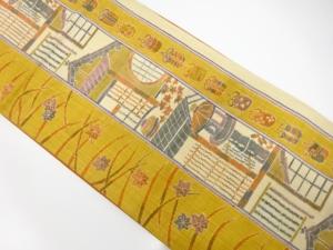 手織り紬　縞に家屋・仕覆模様織り出し　全通袋帯